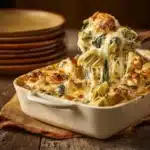 Creamy chicken artichoke bake dish served in a white casserole dish