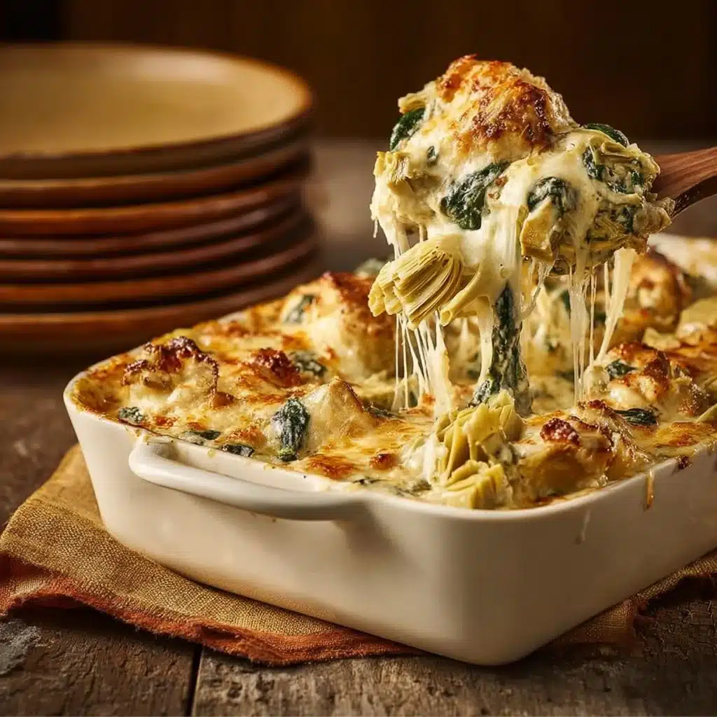 Creamy chicken artichoke bake dish served in a white casserole dish