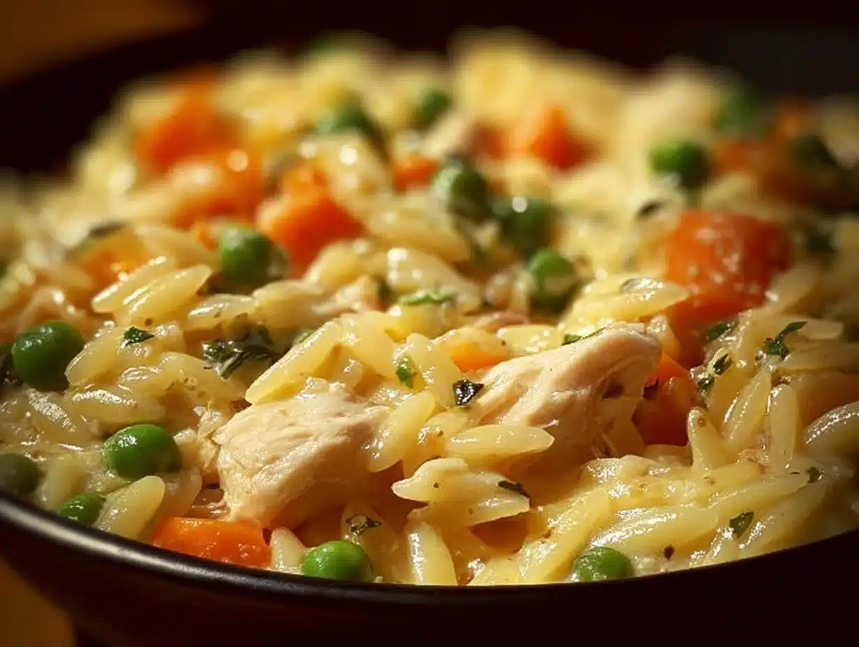 A creamy Chicken Pot Pie Orzo served in a dish, showcasing its rich ingredients.