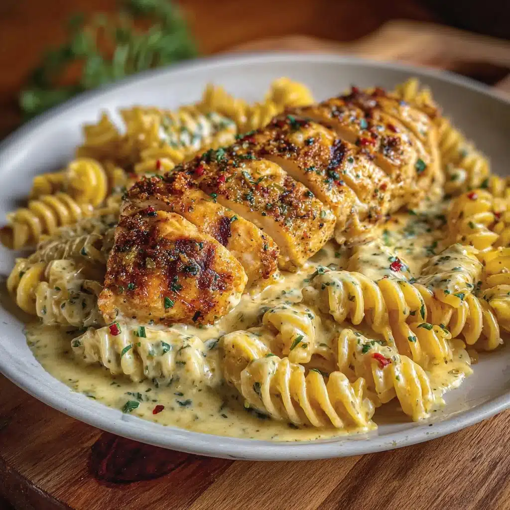 Delicious creamy garlic parmesan chicken pasta served on a plate.