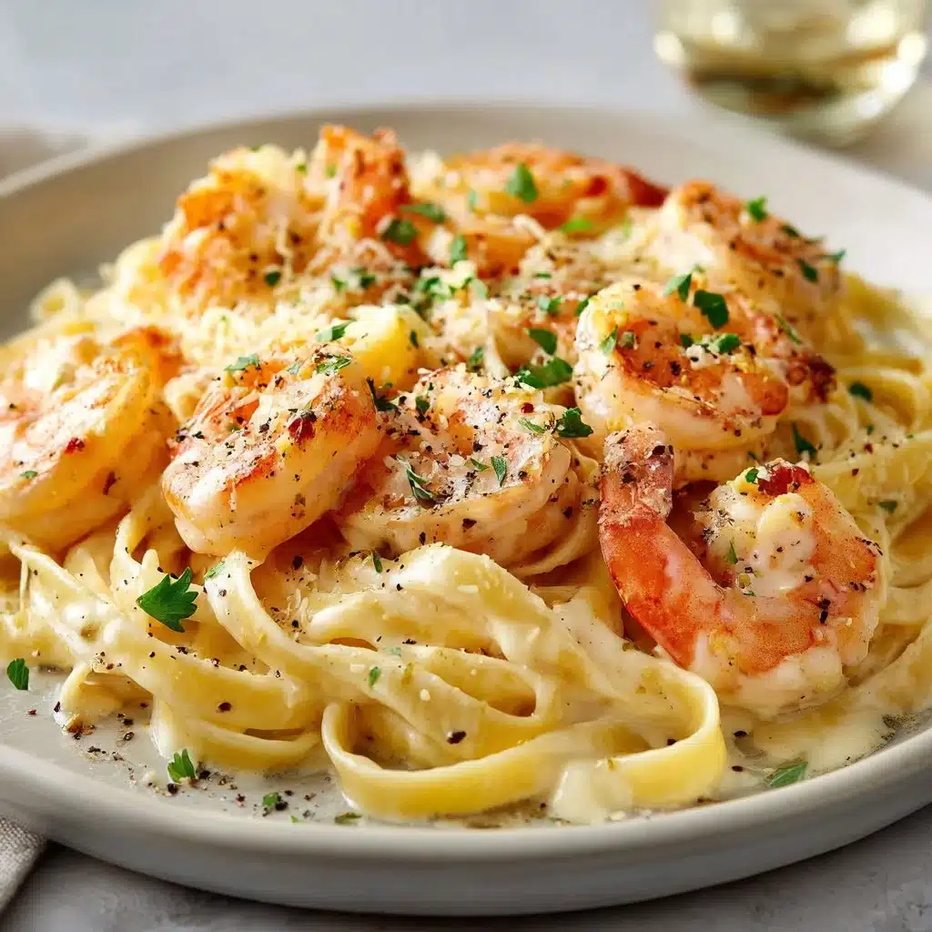 Creamy garlic shrimp pasta dish served in a bowl with fresh herbs on top.