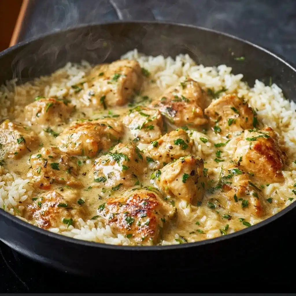 Creamy herb chicken served with basmati rice on a white plate