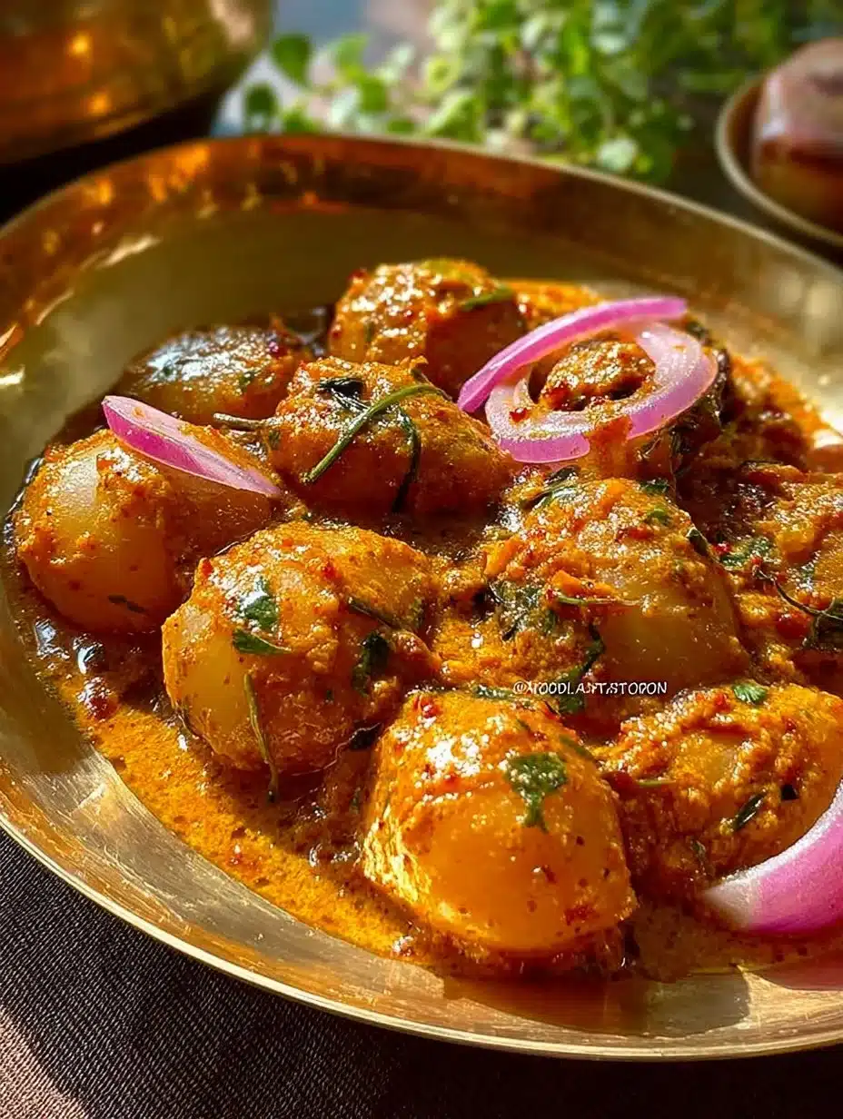 Creamy onion curry served in a bowl with fresh herbs and spices.