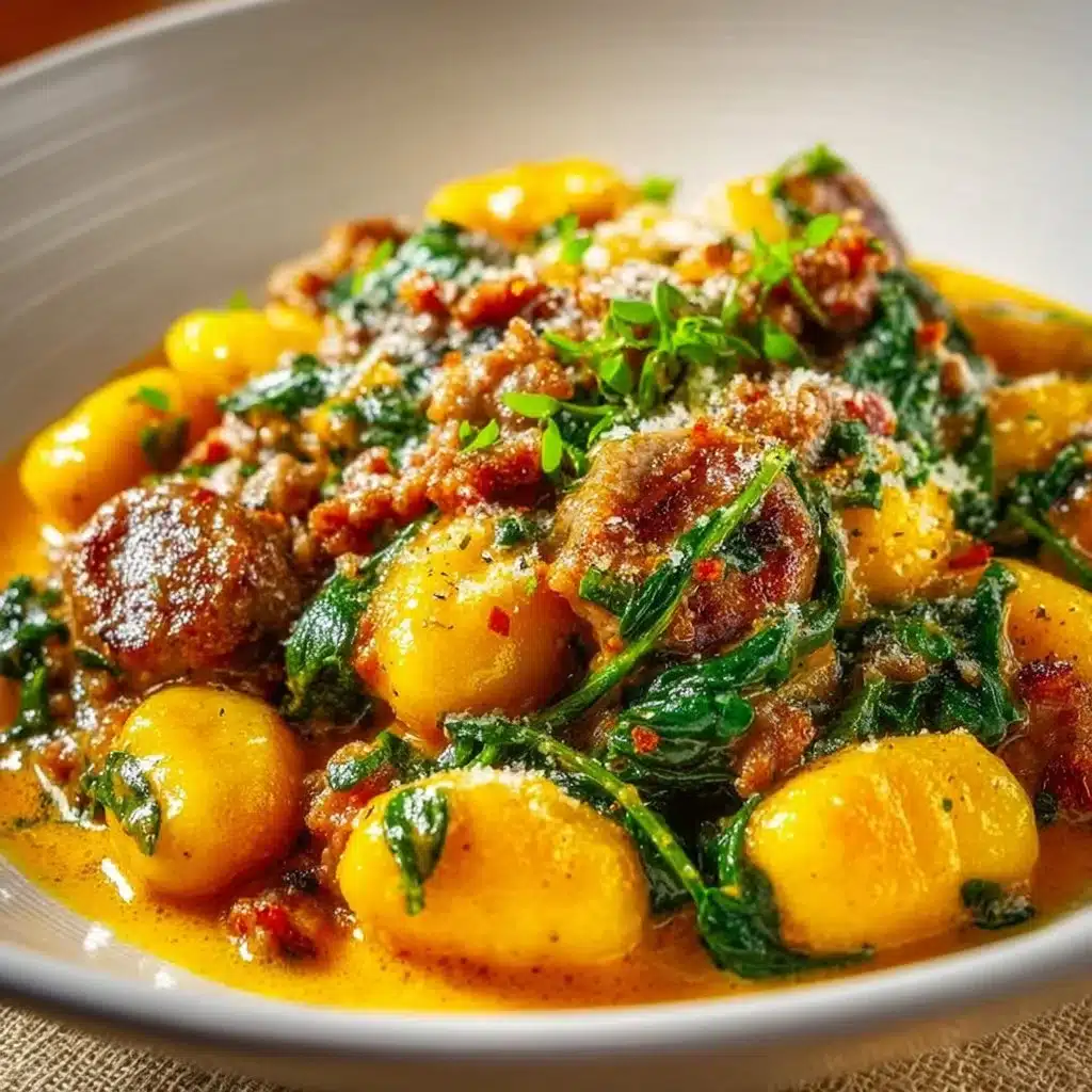 Creamy pumpkin gnocchi served in a bowl with a sprinkle of herbs.