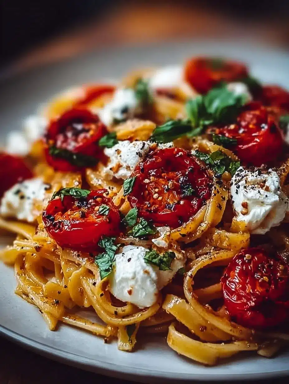 Creamy roasted tomato and garlic pasta sauce served over pasta in a bowl