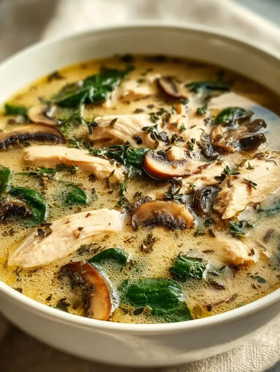 Bowl of creamy rotisserie chicken mushroom soup garnished with herbs