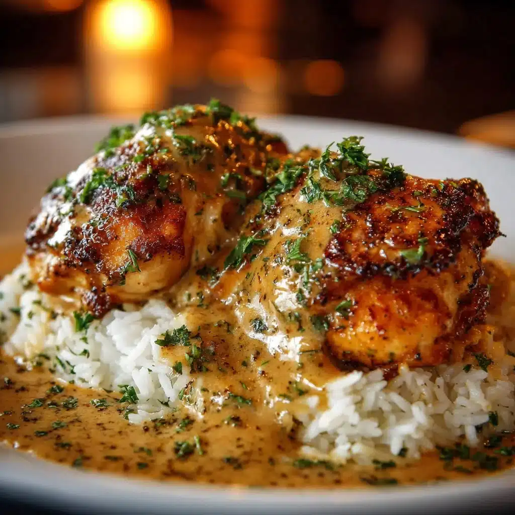 Delicious creamy smothered chicken served with rice