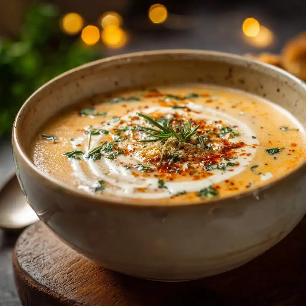 A bowl of rich and creamy soup garnished with herbs