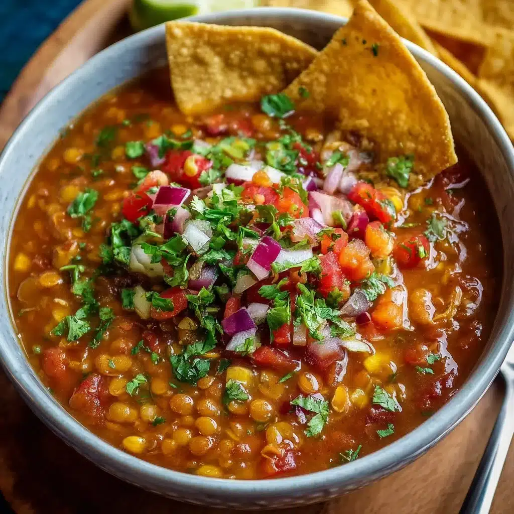 Bowl of creamy vegetarian tortilla soup topped with crispy tortilla strips and avocado