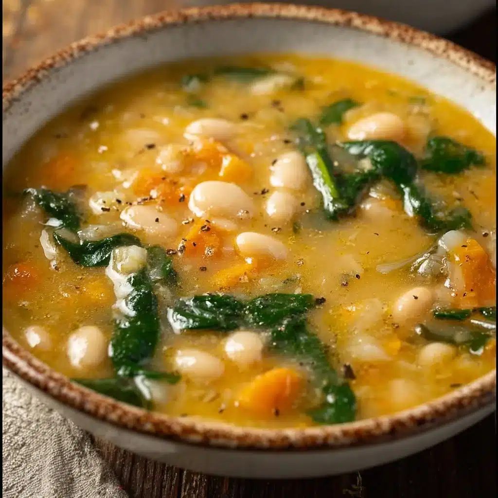 Bowl of creamy white bean soup topped with fresh herbs and served with bread
