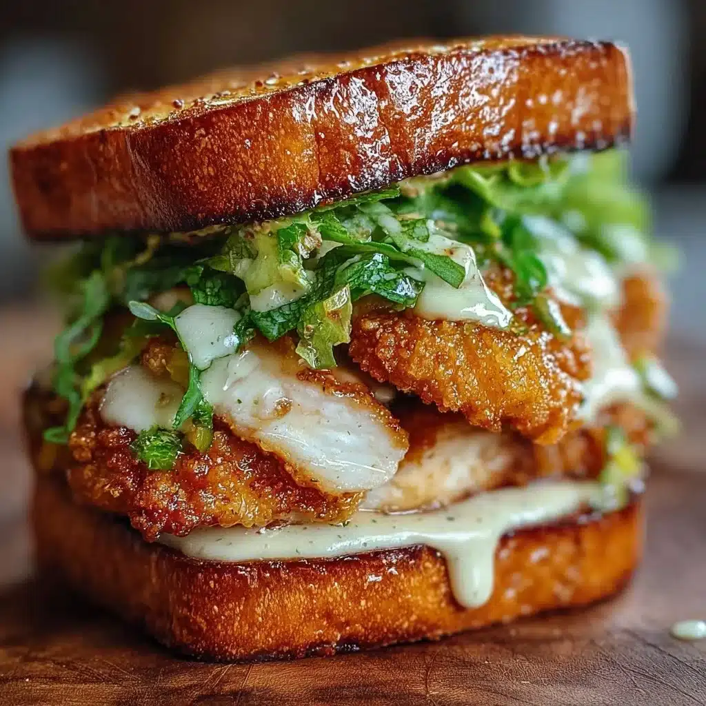 Delicious Crispy Chicken Caesar Sandwich garnished with fresh romaine and Caesar dressing