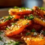 Plate of crispy smashed carrots garnished with herbs and spices