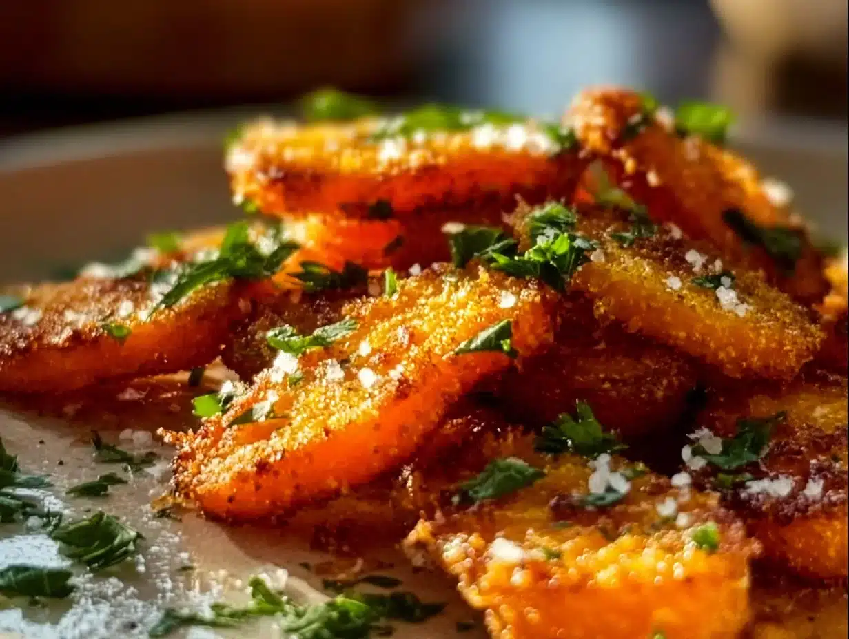 Plate of crispy smashed carrots garnished with herbs and spices