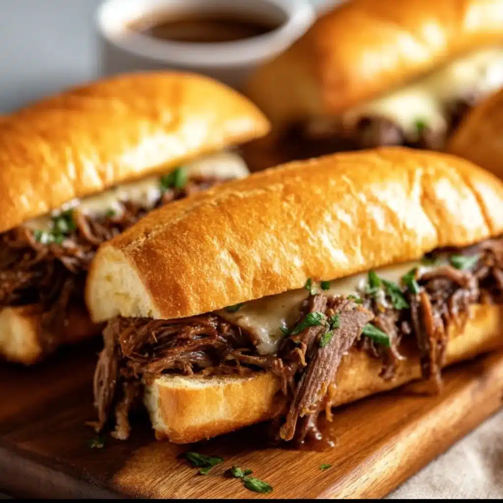 Delicious Crockpot French Dip Sandwiches served with savory au jus.