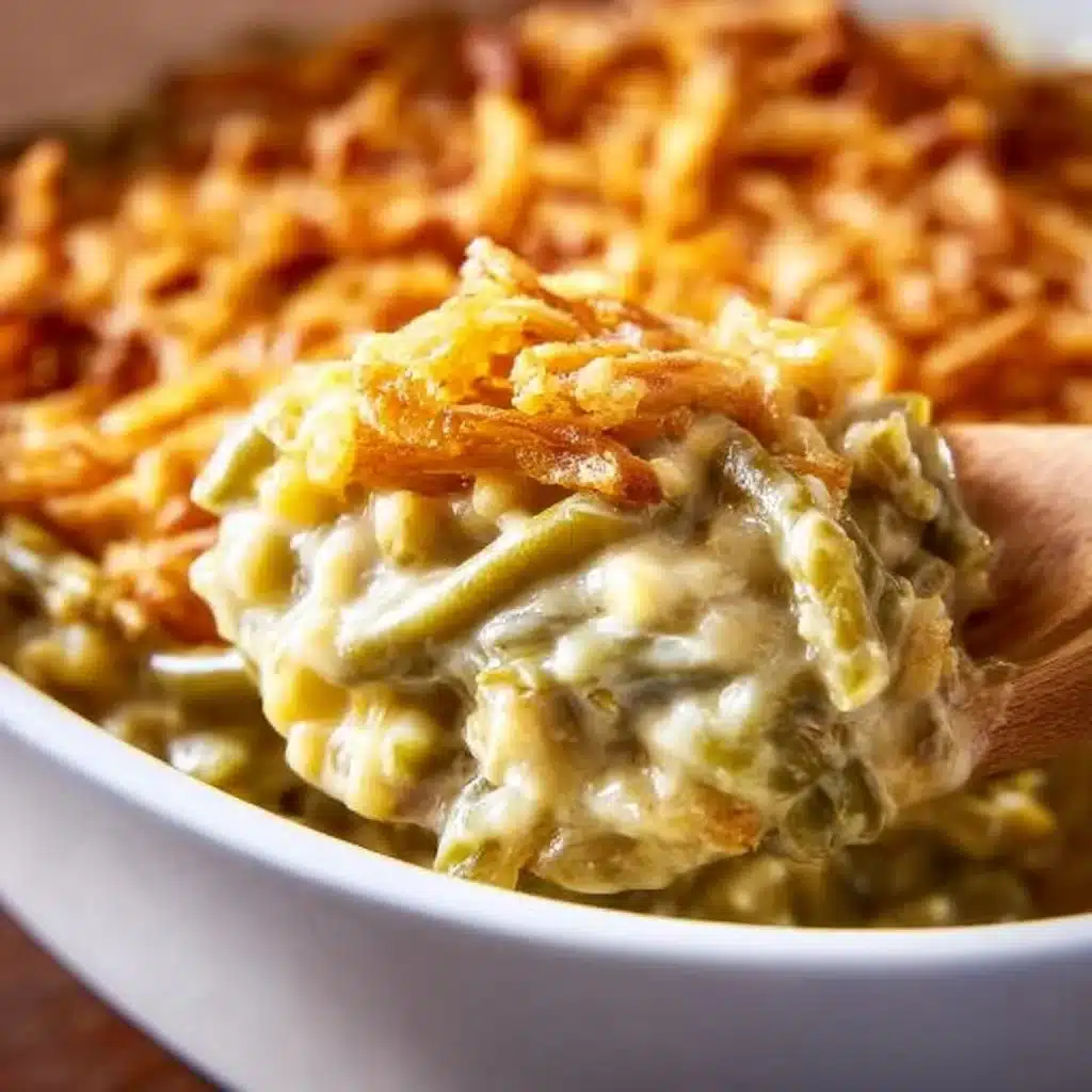 Crockpot green bean casserole with crispy onions on top