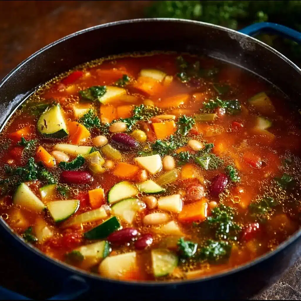 Delicious simmering crockpot minestrone soup with fresh vegetables and herbs.