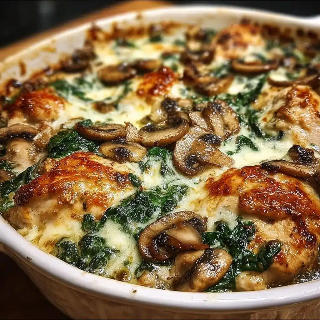 Low-carb chicken spinach mushroom bake ready to serve in a dish