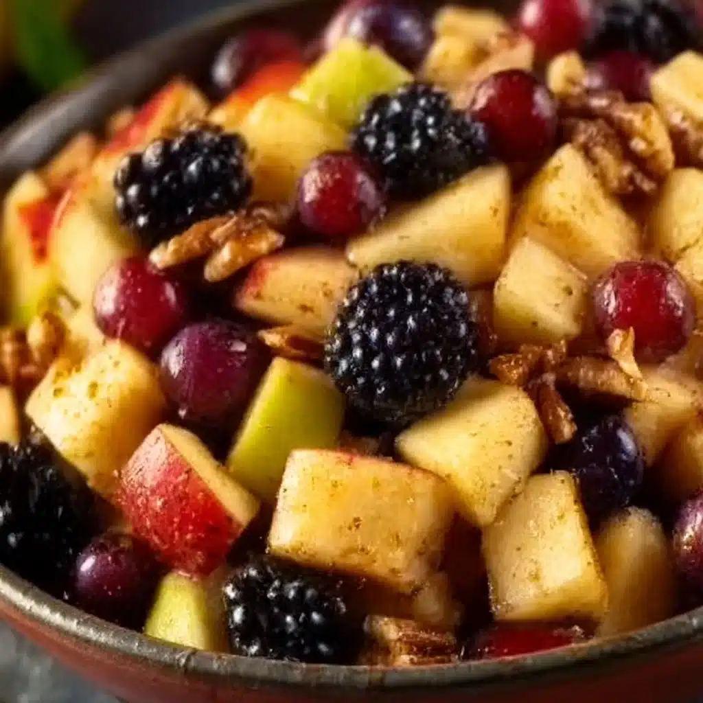 Colorful fall fruit salad featuring apples, pears, and cranberries in a bowl.