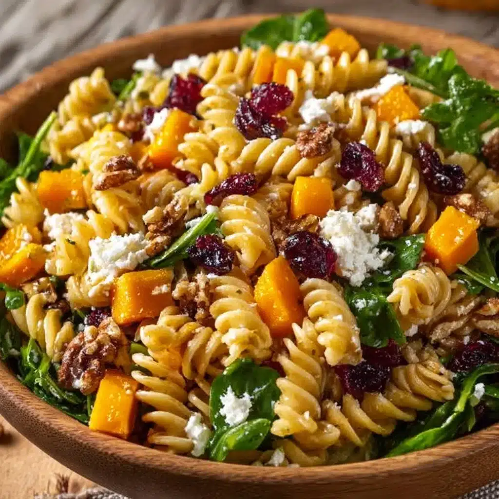 Delicious fall harvest pasta salad with seasonal ingredients and vibrant colors.