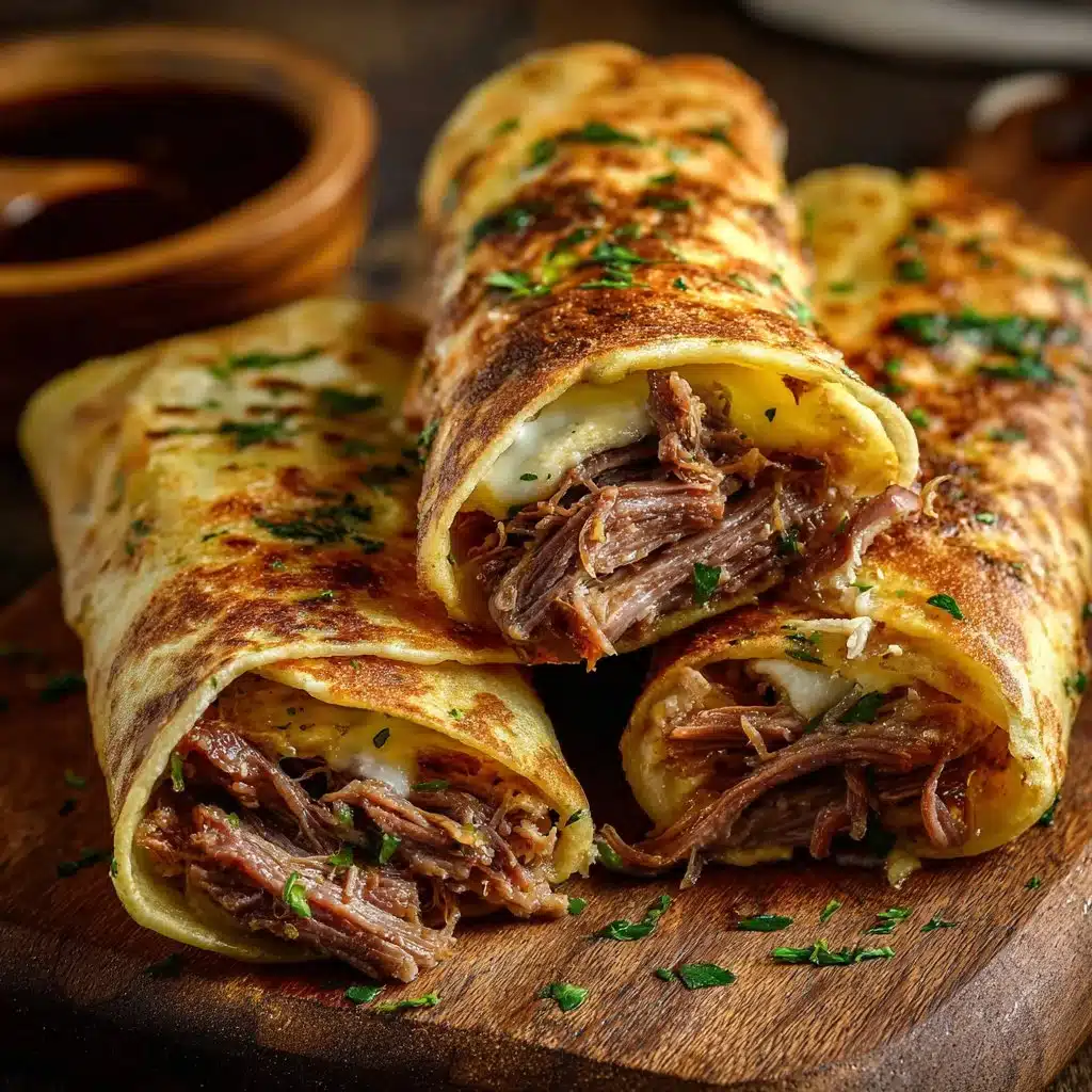 French Dip Tortilla Roll Ups served on a plate with dipping sauce
