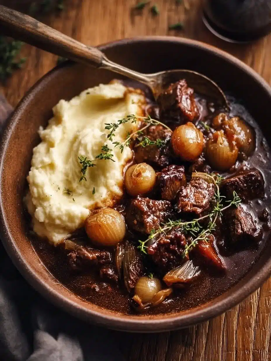 Bowl of hearty French-inspired beef stew with vegetables and herbs