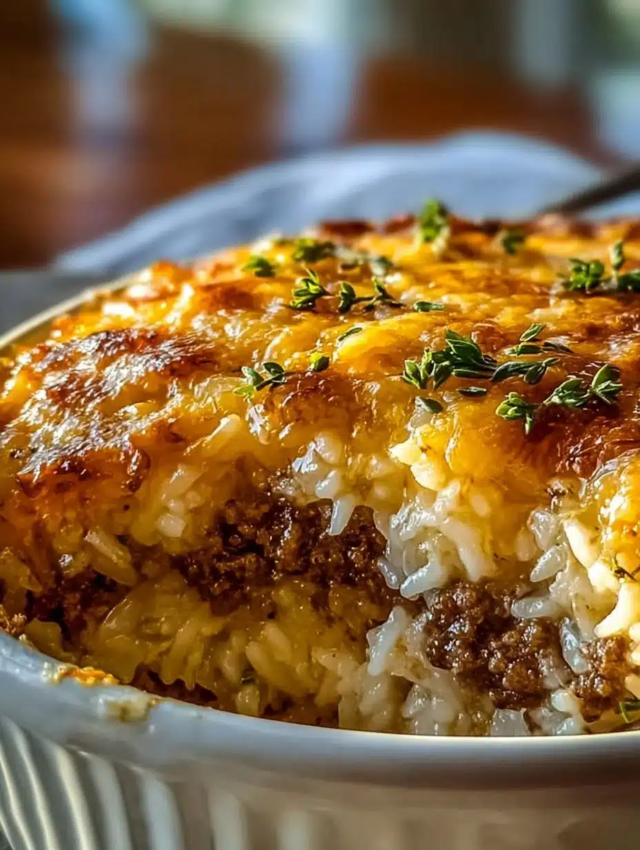 Delicious French Onion Ground Beef and Rice Casserole in a baking dish