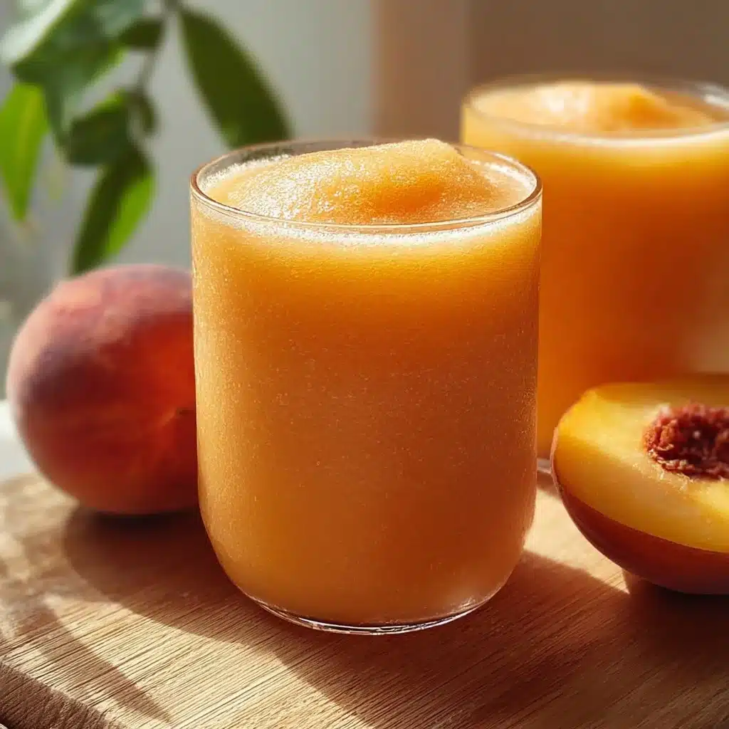 Delicious frozen peach lemonade served in a glass with fresh peach slices.