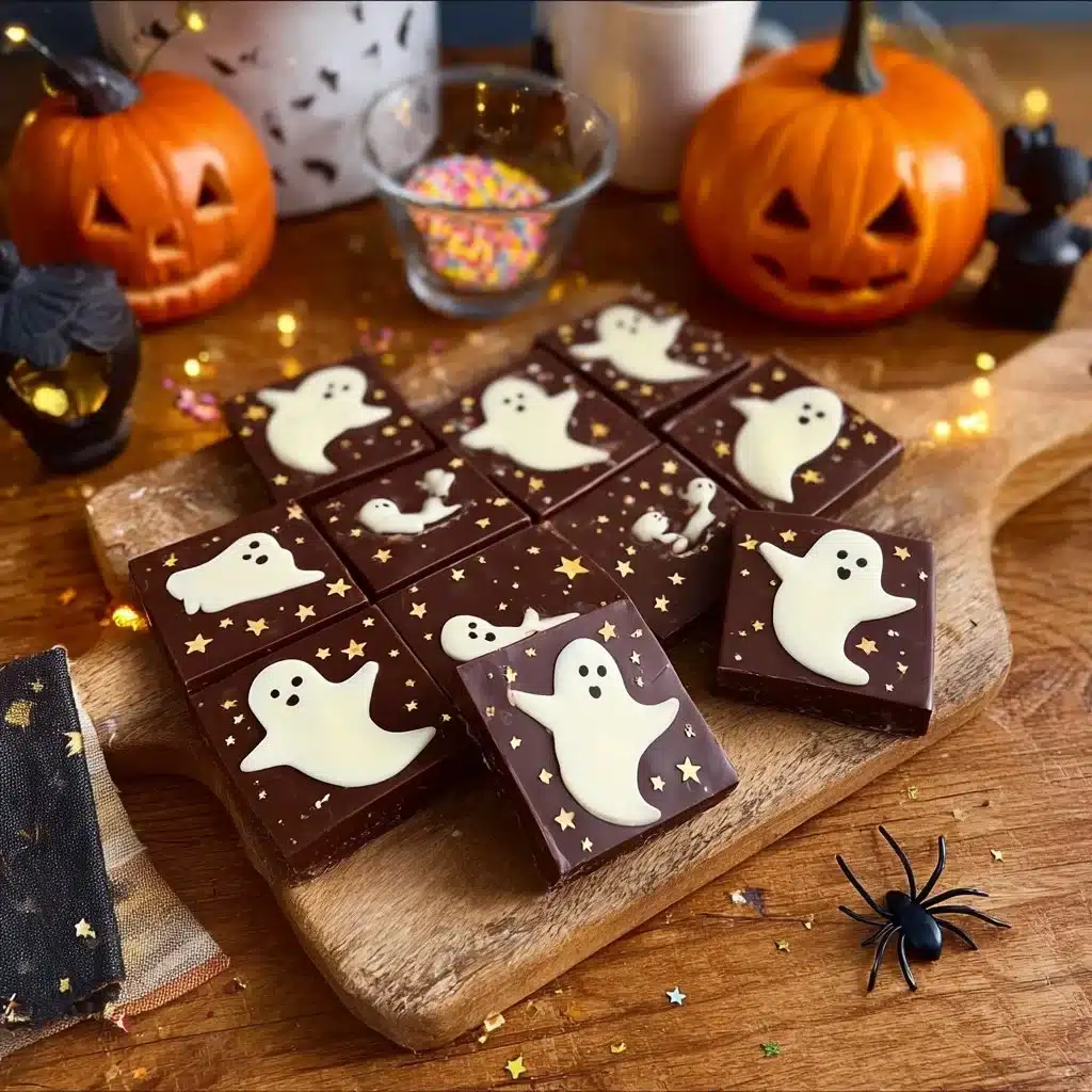 Fudgy ghost brownies decorated with spooky frosting for Halloween.