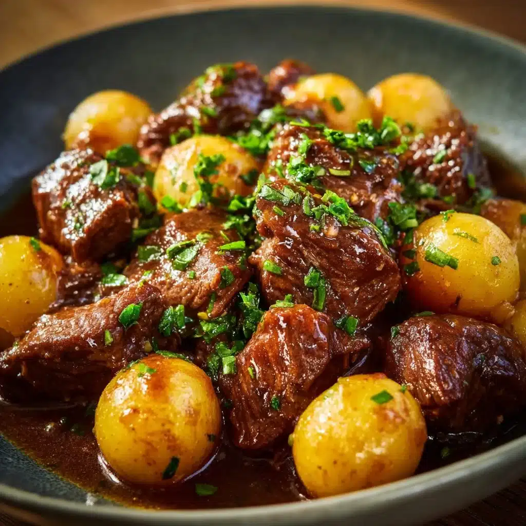 Delicious Garlic Butter Beef Bites served with crispy potatoes.