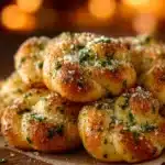 Freshly baked garlic knots topped with herbs and garlic butter