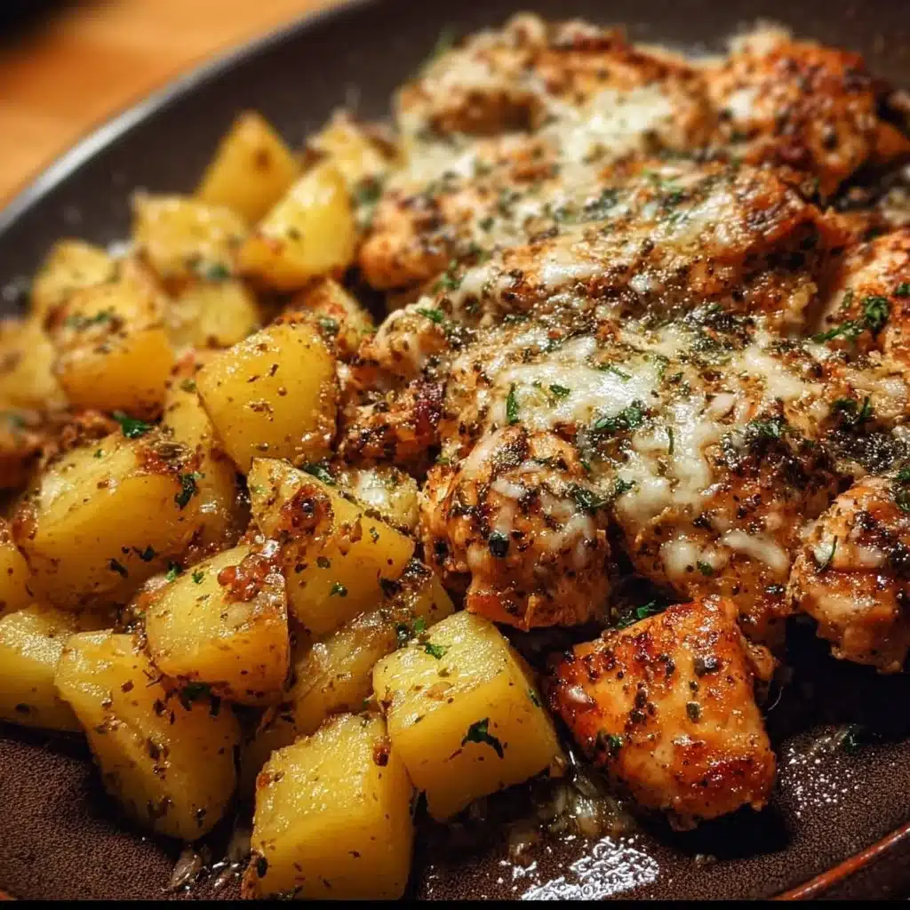 Garlic Parmesan Chicken and Potatoes served on a plate garnished with herbs