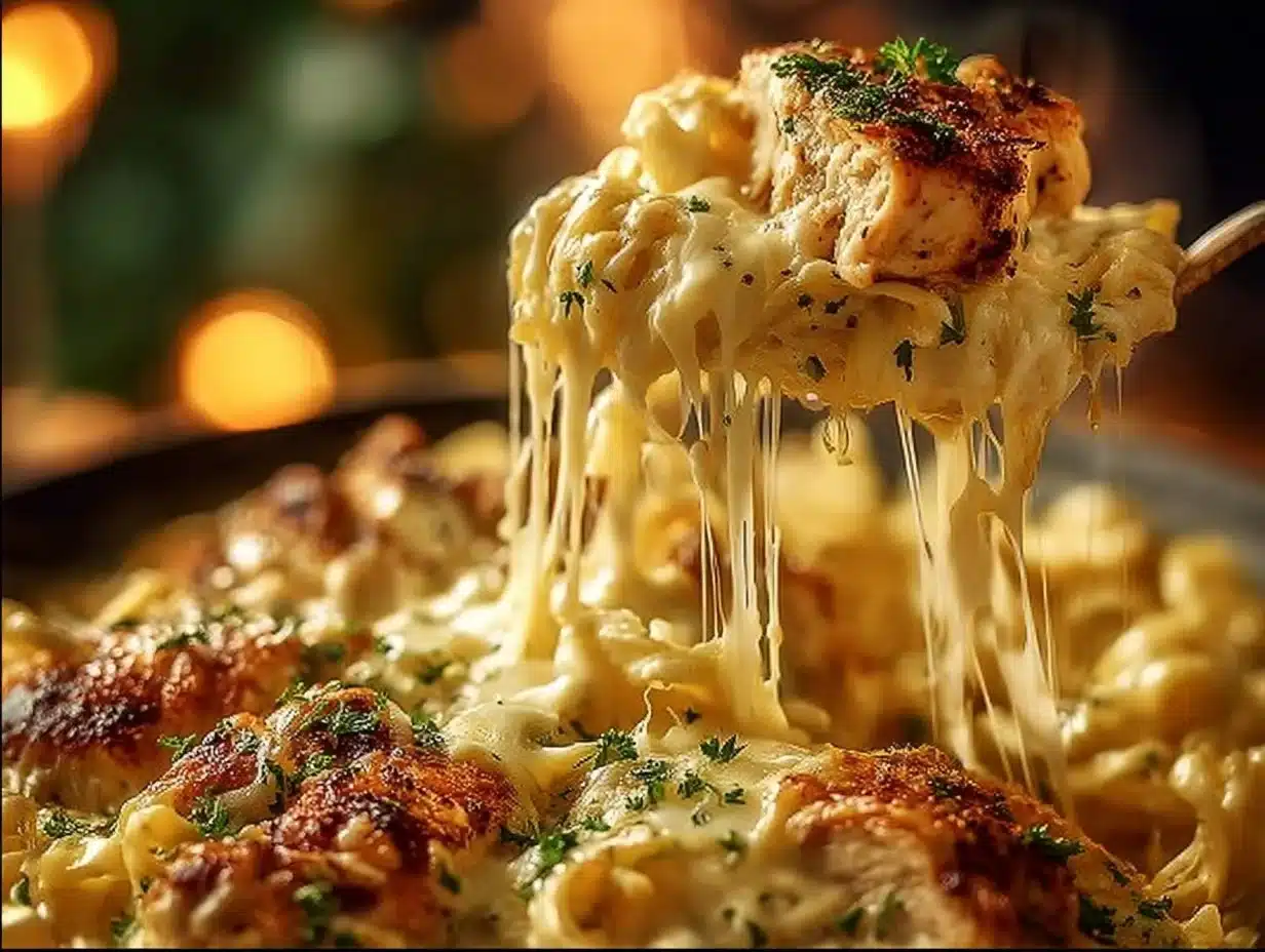 Delicious Garlic Parmesan Chicken Pasta served in a bowl with herbs and cheese