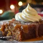Delicious gingerbread pudding cake served with sauce for a festive dessert.