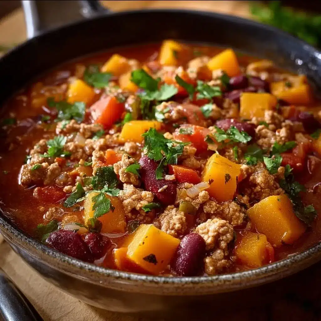 Delicious bowl of ground turkey chili topped with fresh herbs and served with cornbread.