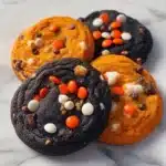 Halloween black and orange chocolate chip cookies on a decorative plate