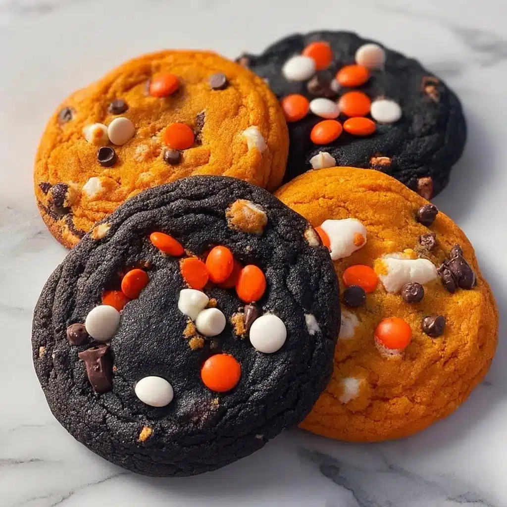 Halloween black and orange chocolate chip cookies on a decorative plate