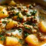 Bowl of hearty Italian sausage and potato soup garnished with parsley