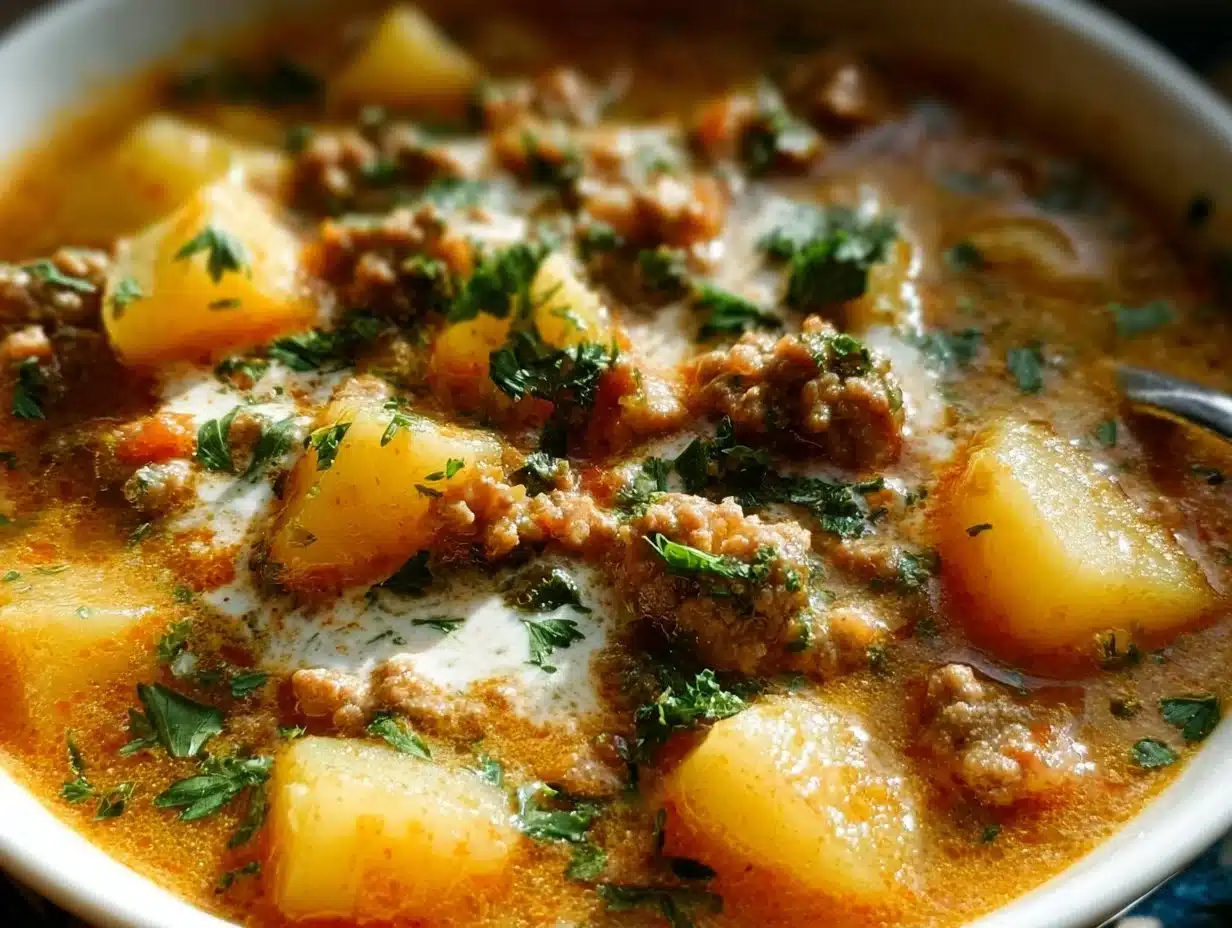 Bowl of hearty Italian sausage and potato soup garnished with parsley