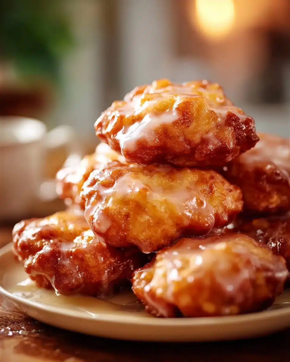 Freshly baked apple fritters topped with glaze on a serving plate