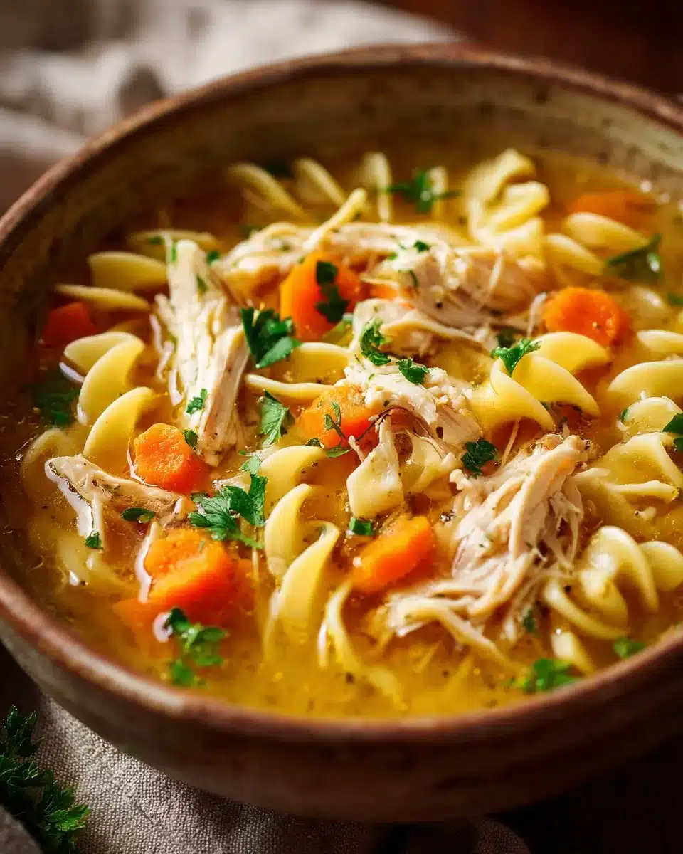 Bowl of homemade chicken noodle soup with fresh vegetables and herbs