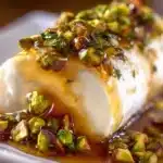 Delicious honey fig pistachio goat cheese appetizer served on a platter.