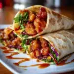 Delicious Honey Garlic Chicken Wrap with fresh veggies and sauce