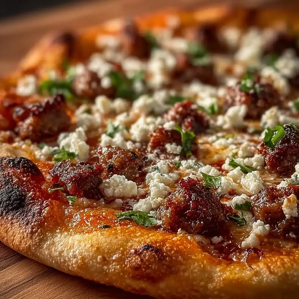 Hot sausage, feta, and honey pizza slice on a wooden board