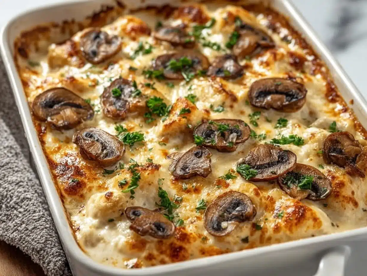 Keto Garlic Mushroom Chicken Casserole topped with cheese and herbs