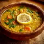 Bowl of Lemon Lentil Soup garnished with lemon slices and herbs
