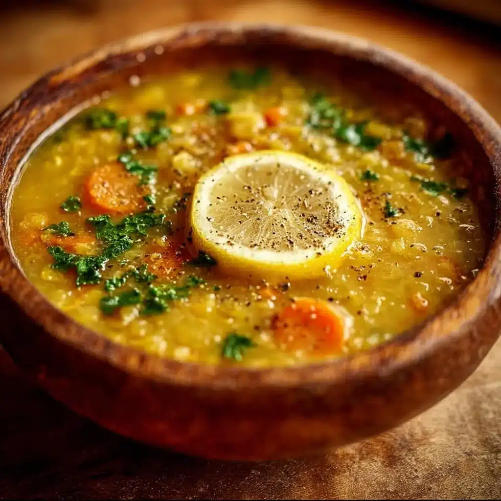 Bowl of Lemon Lentil Soup garnished with lemon slices and herbs