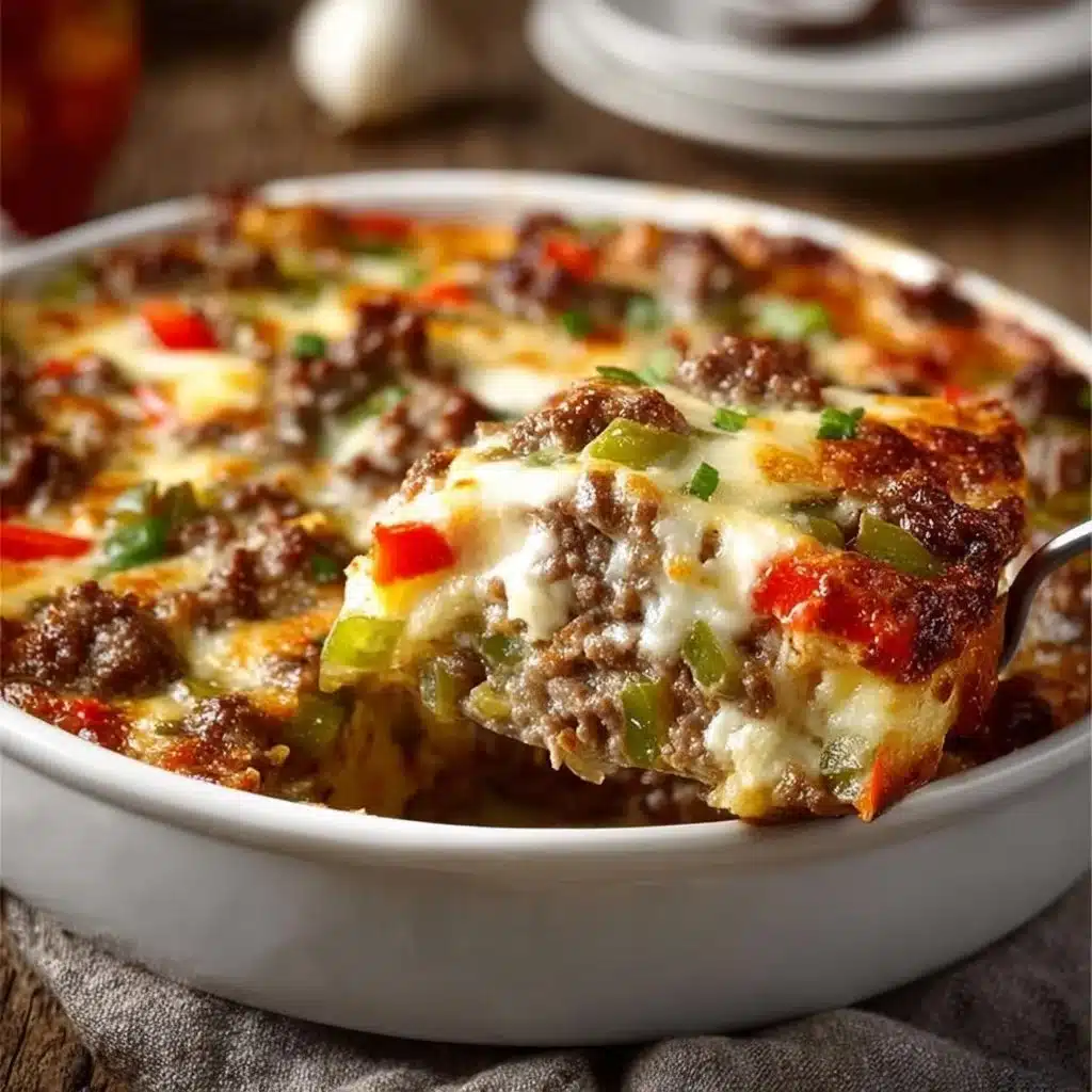 Delicious low carb Philly Cheesesteak Casserole prepared in a baking dish