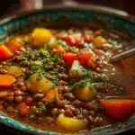 Bowl of delicious Mediterranean Lentil Soup garnished with herbs and spices.