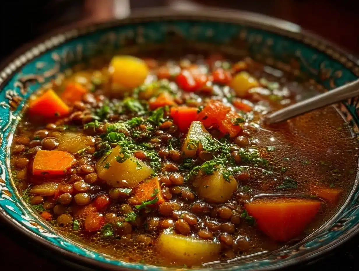 Bowl of delicious Mediterranean Lentil Soup garnished with herbs and spices.