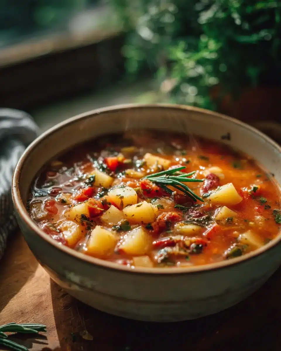 Bowl of homemade minestrone soup filled with vegetables and beans